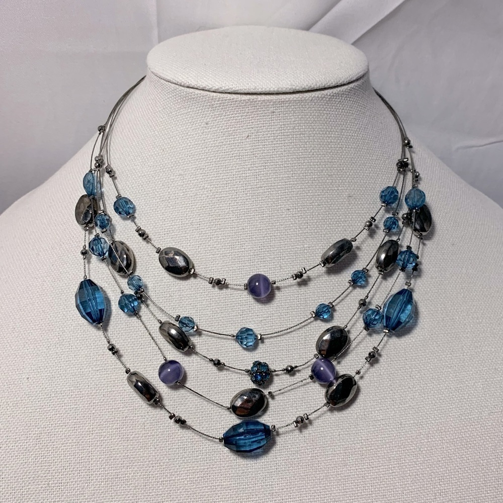 Blue & Hematite Beads On A Wire Necklace